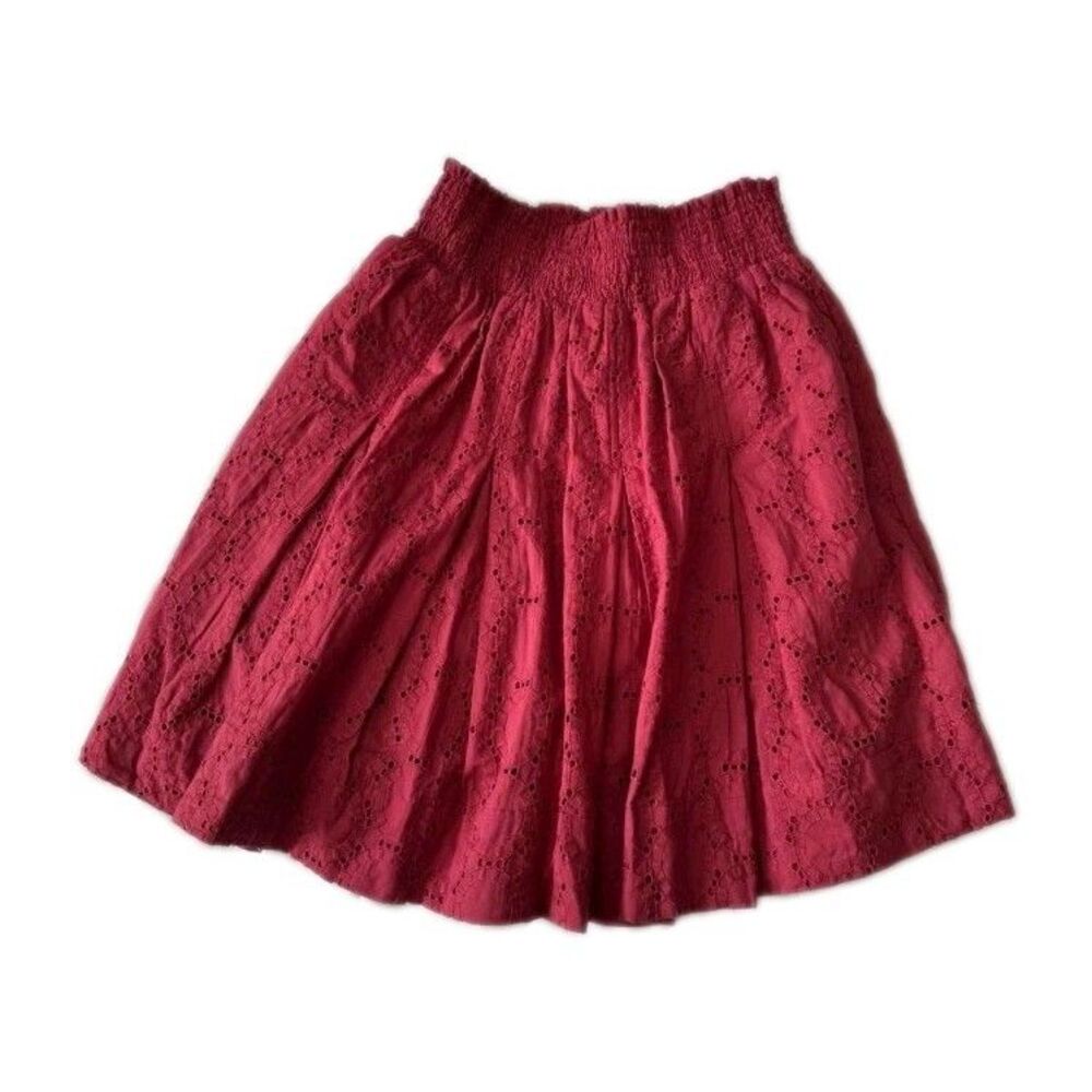 BURU Burgundy Smocked Waist  Eyelet Mini Skater Skirt Size Large
